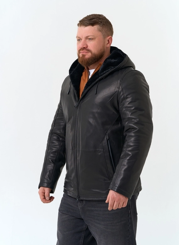 Мужская натуральная дубленка с капюшоном фото