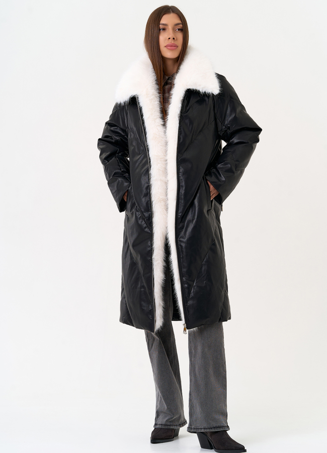 Женский пуховик из эко кожи с отделкой из эко меха модель № 30713 универмаг малина