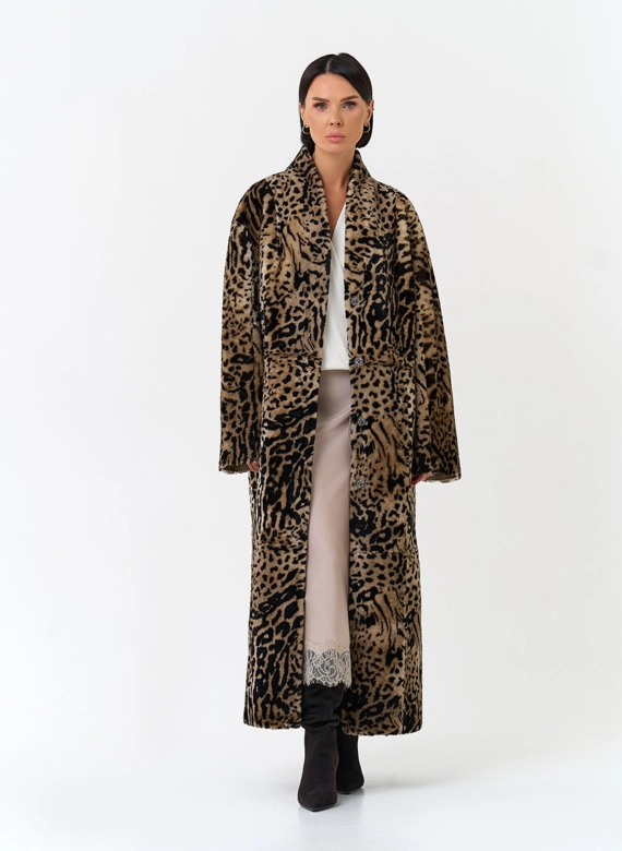 Двухсторонняя женская дубленка с декоративным поясом фото