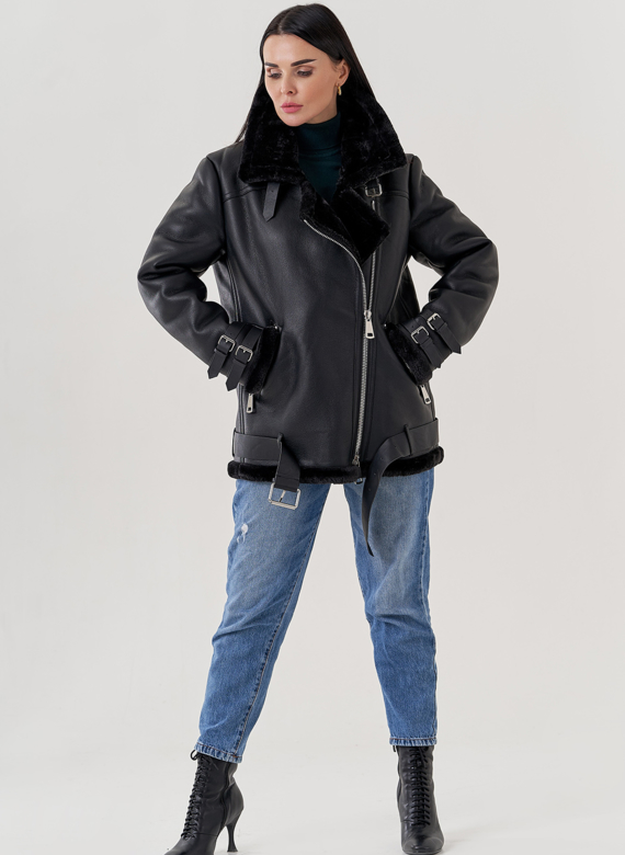 Женская дубленка пилот из эко кожи черного цвета 