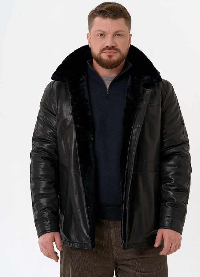 Мужская дубленка черного цвета с капюшоном модель № 31776 меха малина