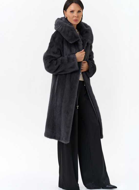 Норковая шуба годе/балетка в роспуск с капюшоном цвета графит