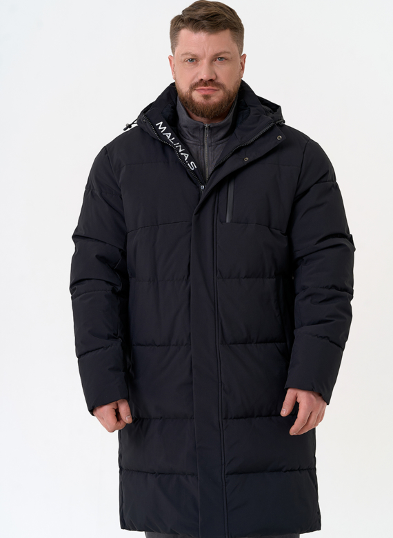 Удлиненный мужской пуховик с капюшоном