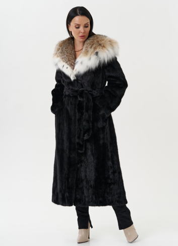 Норковая шуба с капюшоном из меха рыси