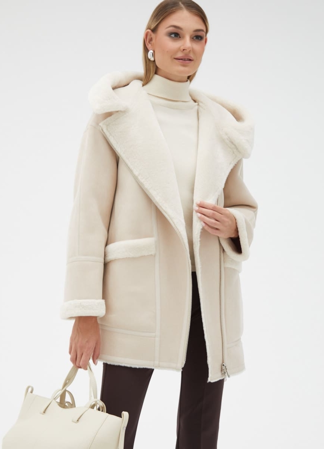 Женская удлиненная дубленка из эко кожи модель № 32023 универмаг малина