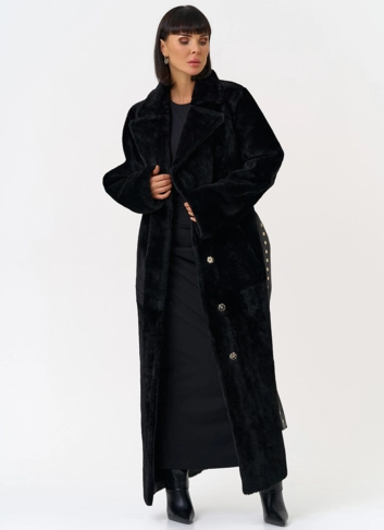 Женская натуральная дубленка с двойным поясом фото