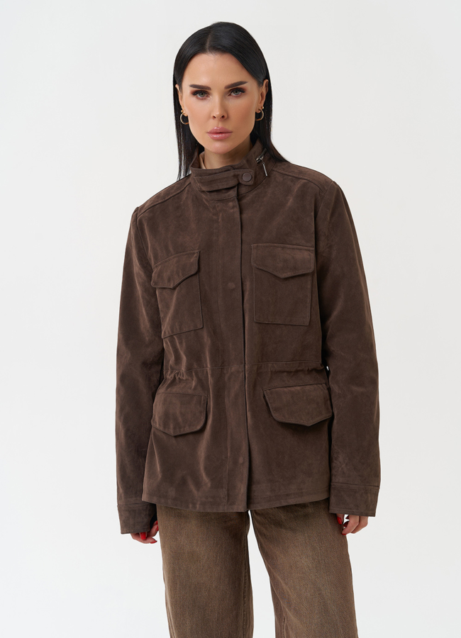 Женская парка из эко замши коричневого цвета модель № 30420 меха малина