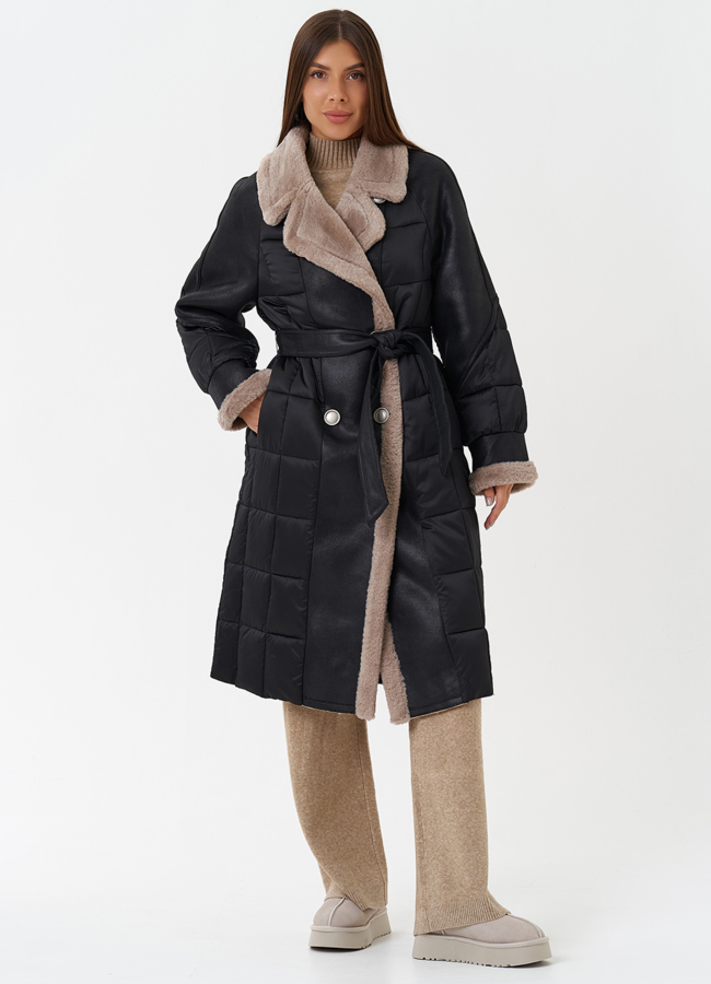 Комбинированный пуховик из эко кожи модель № 27736 в рассрочку