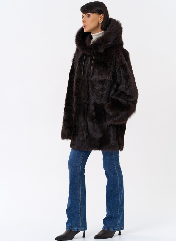 Женская двухсторонняя дубленка с капюшоном