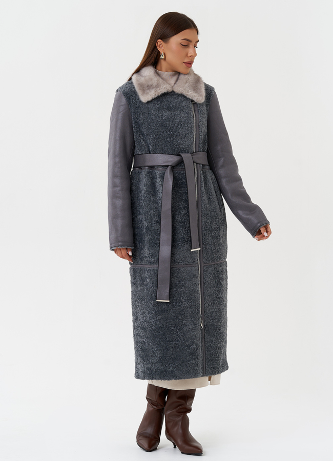 Длинная дубленка из эко кожи модель № 27785 универмаг малина