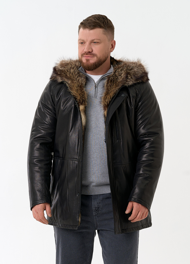 Мужская натуральная дубленка на волке с отделкой из меха енота модель № 26231 в кредит