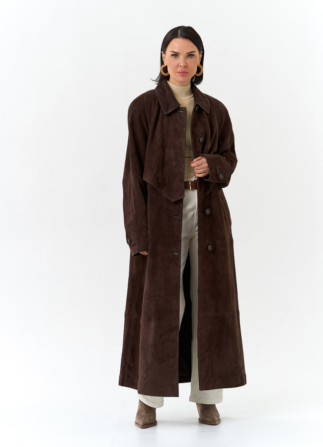 Женский плащ из натуральной замши модель № 32869 меха малина