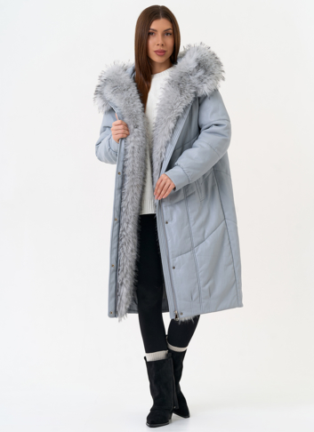 Женский пуховик из эко кожи с отделкой из эко меха Женский пуховик из эко кожи с отделкой из эко меха