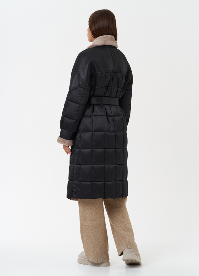 Комбинированный пуховик из эко кожи модель № 27736 универмаг малина