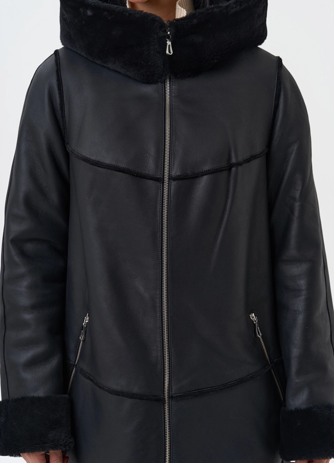 Натуральная дубленка с капюшоном модель № 28958 универмаг малина