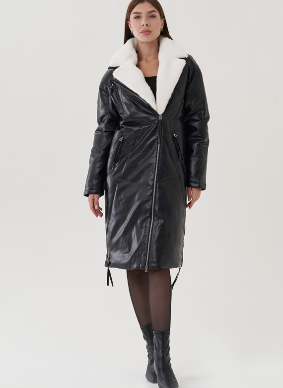 Пуховик женский из эко кожи с английским воротником