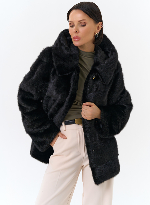 Укороченная норковая шуба черного цвета 2 в 1
