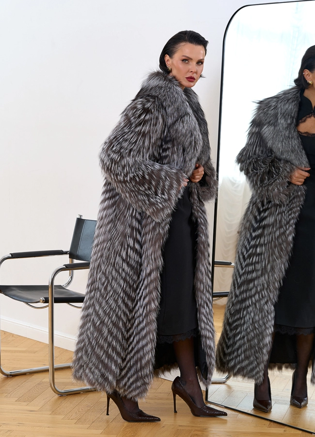 фото Длинная шуба из чернобурой лисы модель № 34163 фото