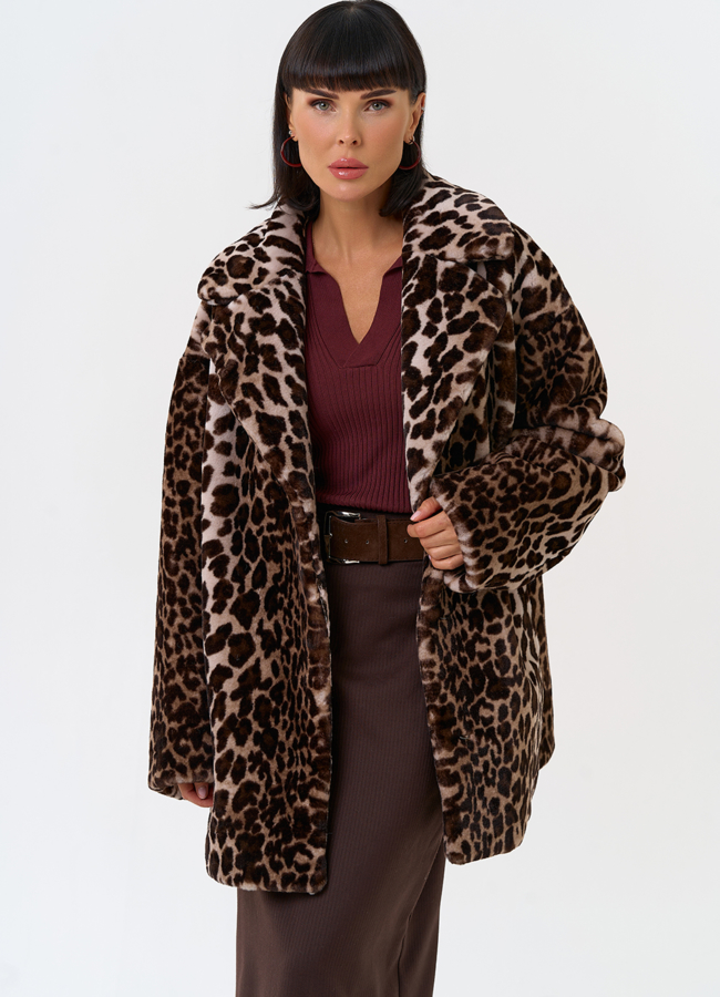 Женская шуба из эко меха с анималистическим принтом модель № 31278 универмаг малина