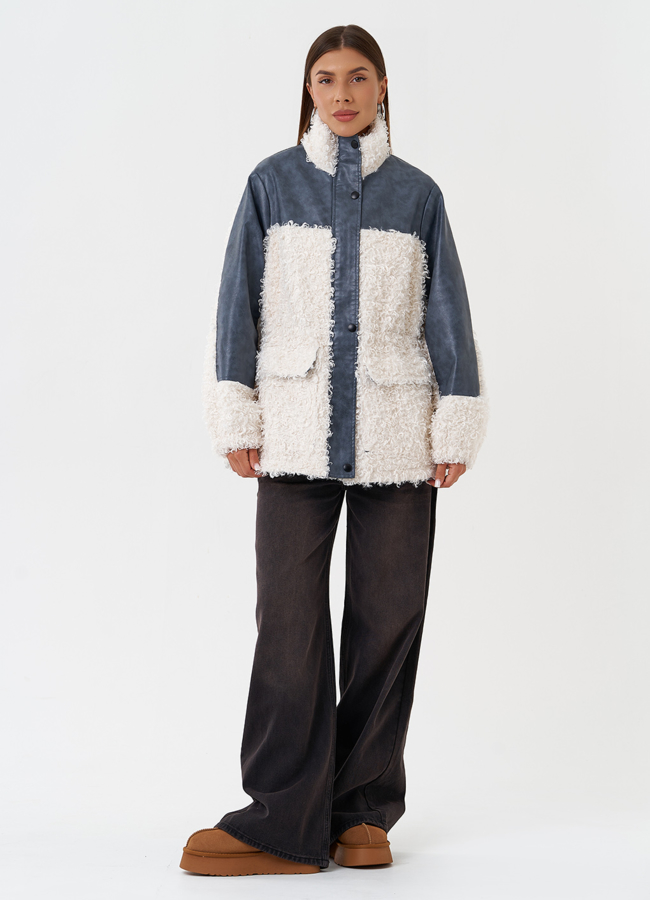 Жакет синего цвета с эко мехом модель № 27122 в рассрочку