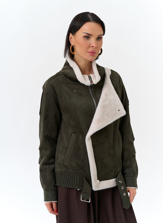 Женская дубленка бомбер из эко замши