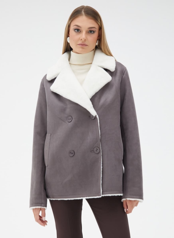 Женская двухсторонняя дубленка из эко кожи с английским воротником