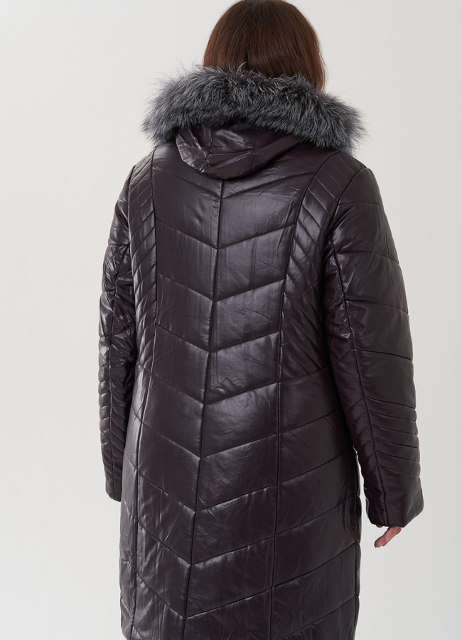 фото Пуховик из эко кожи с капюшоном на молнии модель № 25703