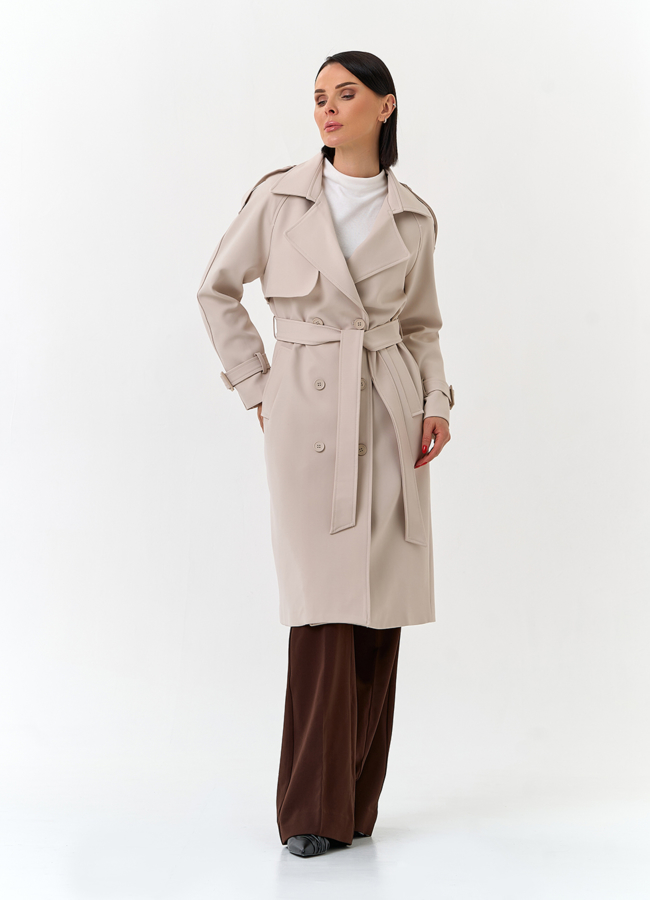 Женский светлый плащ модель № 33096 меха малина