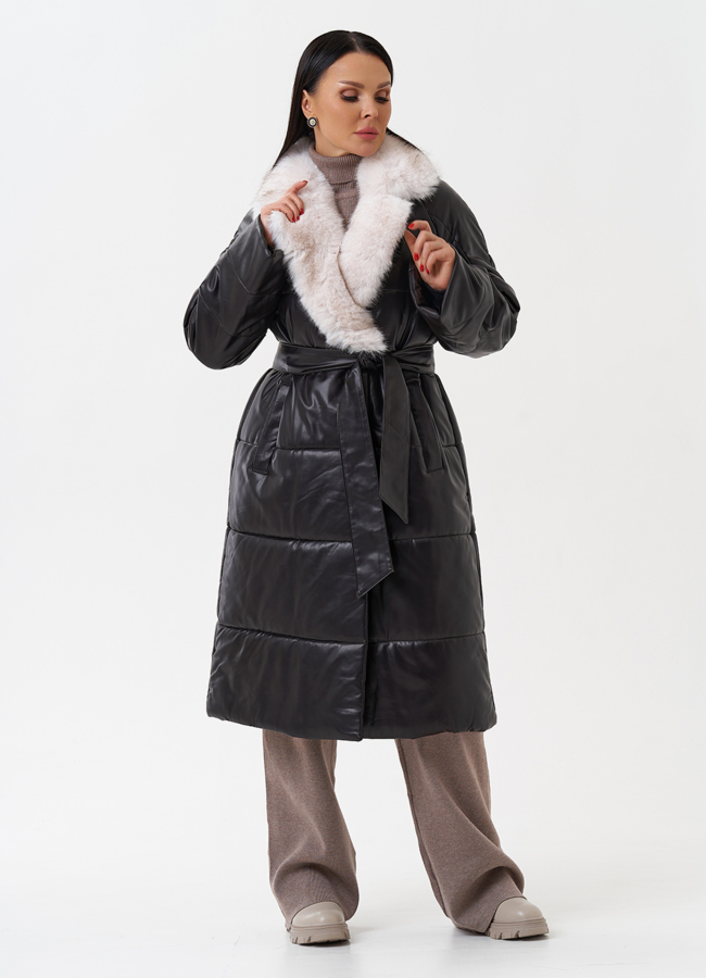 фото Пуховик из эко кожи с английским воротником модель № 28517