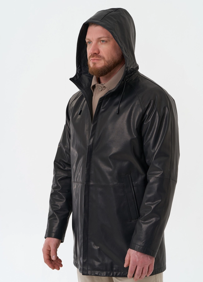 Мужская парка из натуральной кожи с капюшоном модель № 30071 в рассрочку