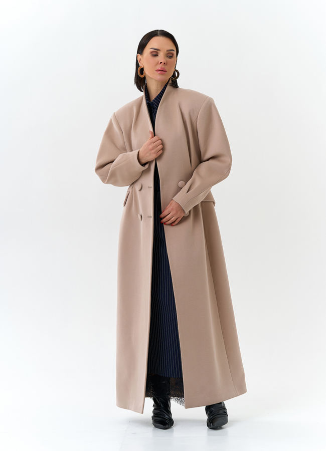 Женское длинное пальто с акцентными рукавами модель № 32784 универмаг малина