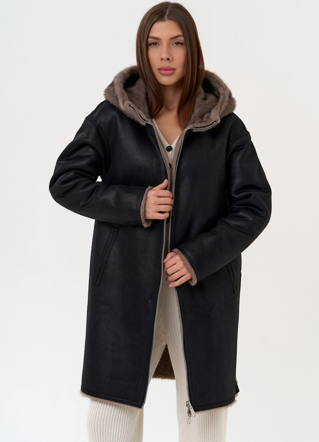 Женская двухсторонняя дубленка из эко замши с капюшоном модель № 31434 универмаг малина
