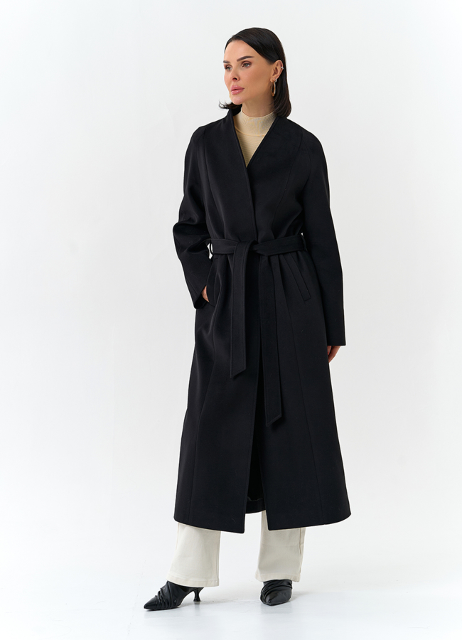 Женское пальто черного цвета с поясом модель № 32685 универмаг малина