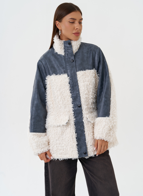 Жакет синего цвета с эко мехом