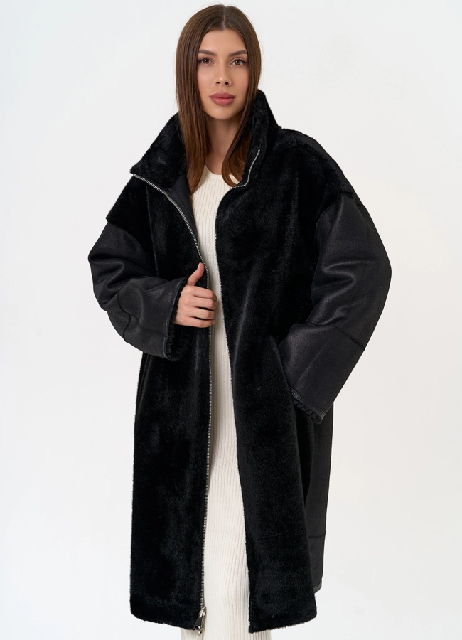 Женская двухсторонняя дубленка из эко замши с воротником стойкой модель № 31412 универмаг малина