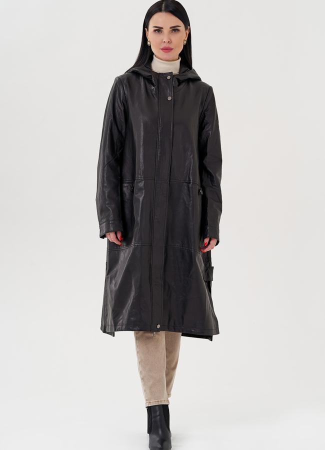 фото Длинный кожаный плащ с капюшоном модель № 24094